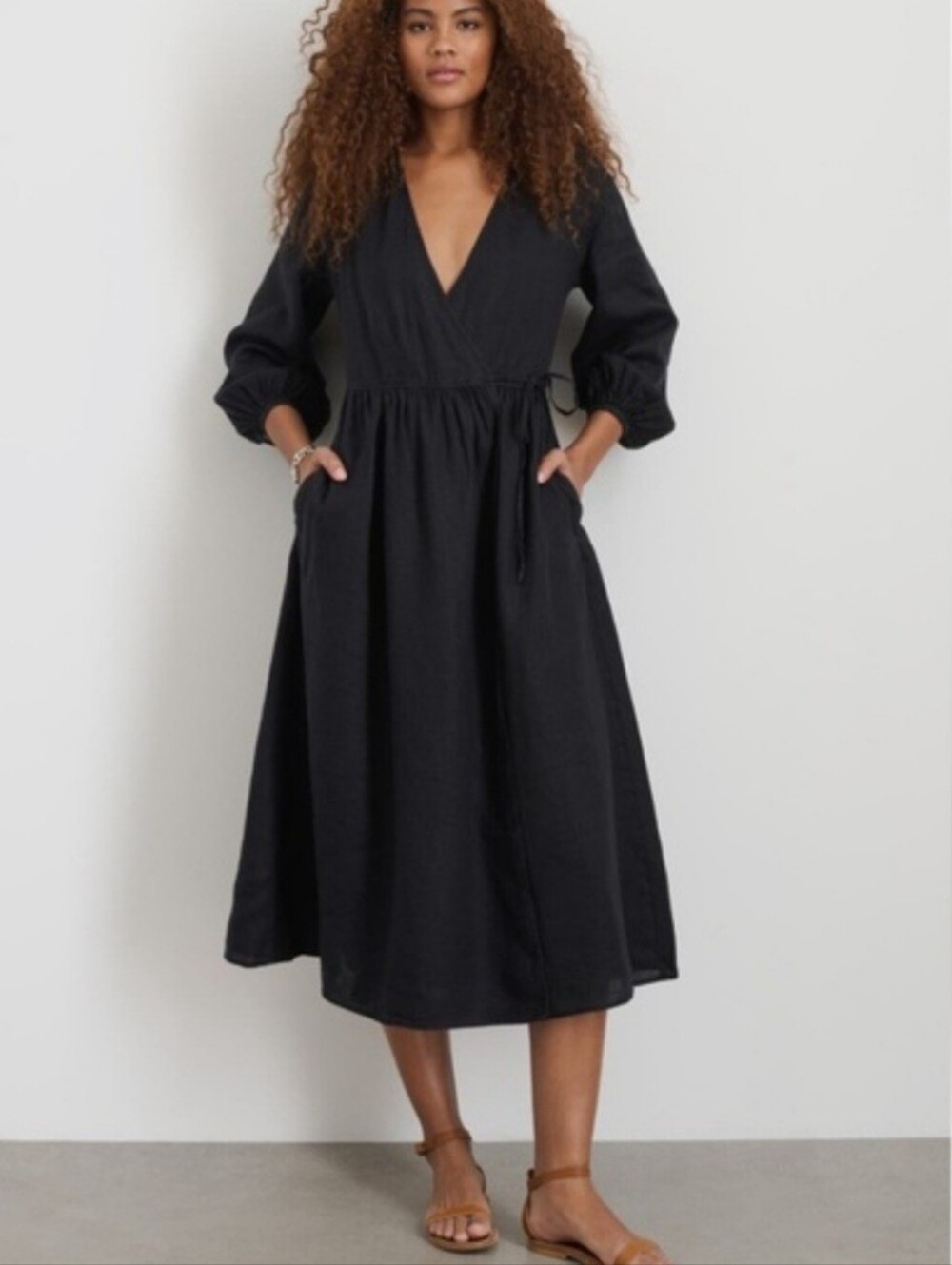 Alex Mill Black Lauren Wrap Midi Dress Size S Linen Long Sleeve Lagenlook Gothic
